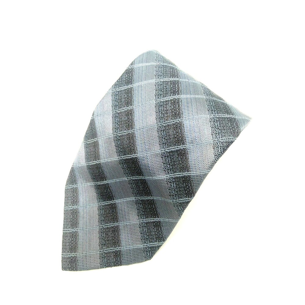Jhane Barnes Necktie 100% Silk Slate Blue Gray Textured Geometric Grid Plaid